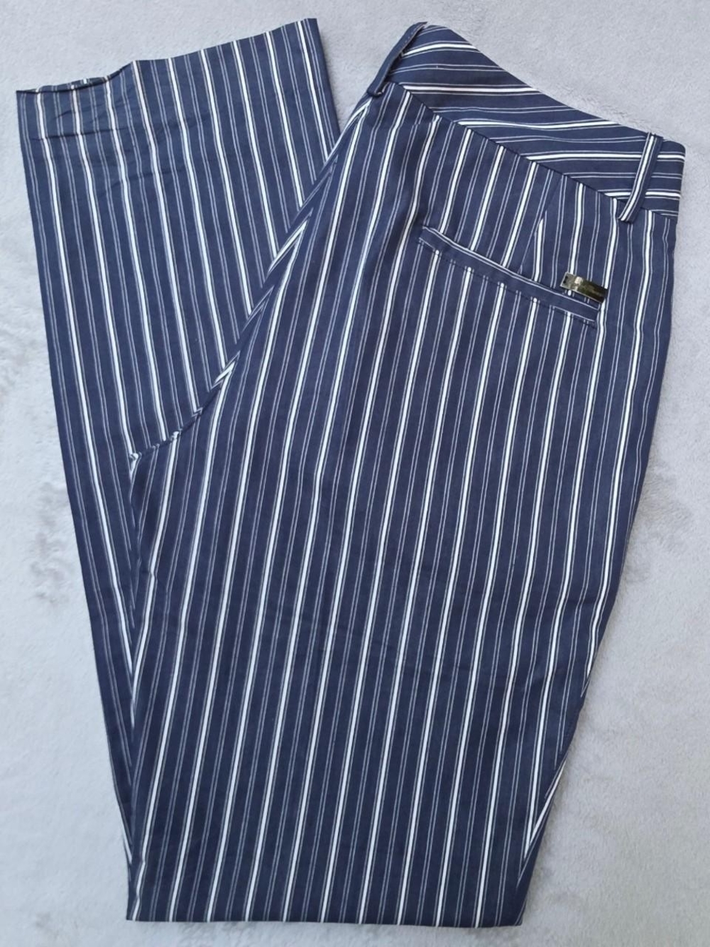 See Measurements Conte of Florence Navy Blue Pinstripe Straight Leg Pants